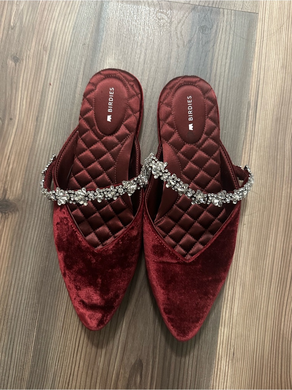 Birdies Wine Velvet Swan Mules with Gem Bracelet Crystal Embellished Strap - Picture 2 of 3